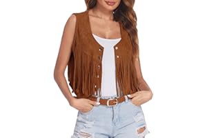 LUCKYWAQNG Damen Faux Wildleder Cowboy Ärmellos Weste Cardigan Jacke mit Fransen Weich Cowgirl Weste Kurze Fransenjacken Braun Weste mit Fransen Damen Retro Hippie-Kostüme 70er Fransenweste für Frauen