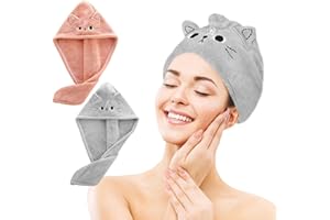 PETGLIMMER 2 Piezas Toallas de Microfibra de Pelo, Turbante de Secado Rápido Superabsorbente, Gorro de Pelo Seco para Mujeres, Cabello Turbante Coral Fleece para Mujeres (Rosa Oscuro, Gris Azulado, Gato)