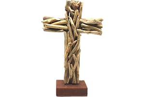 NEEDZO Driftwood Standing Cross, Christian Table Top Home Decor, Rustic Beach Theme Decoration, 9 x 5 Inches