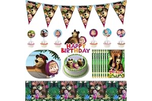 Masha et michka anniversaire, 47 Pièces Masha et l'ours Thème Ensemble Vaisselle Fête, Articles de fête d'anniversaire pour Enfants, Accessoires Vaisselle Fête Dessin Animé, pour Anniversaire, Camping