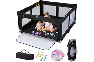 COSTWAY Kojec dla niemowląt, 150 x 150 cm, składany, kojec dla niemowląt z 50 piłkami, 4 uchwyty i bramka z zamkiem błyskawicznym, kratka do raczkowania z oddychającą siatką i torbą do przenoszenia