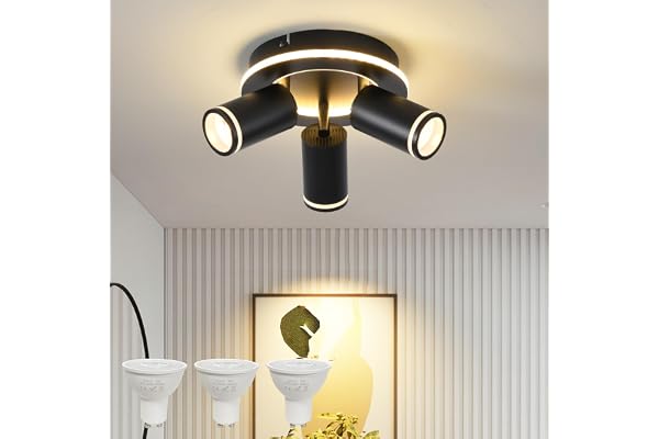 Spot de Plafond à LED 3 Flammes Orientable, Plafonnier Rond avec Incandescence Inférieure 15W+3x5W GU10 Spots,3000K Blanc Chaud Applique Plafond,Lampe de Plafond Moderne,Spot Pour Cuisine,Salon Noir