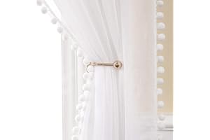 MIULEE Gardinen mit Pompons-Wunderschöne Weiss Vorhang mit Bommeln für Kinderzimmer, Mädchen Zimmer, Transparent Ösenvorhang 2er Set für Schlafzimmer Wohnzimmer Küche, Jeder H 145 X B 140cm