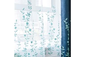 Melodieux Przezroczysta zasłona z haftem kwiatowym, do salonu, patio, drzwi przesuwnych, szerokie okno, kieszeń z woalu, biało-niebieska, 250 x 213 cm (1 panel)