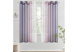 Woaboy Cortina Corta Ventana Translúcida Visillo Dormitorio con Ojales Moderno Decorativas Poliéster Visillos Degradado Gradiente para Habitación Salon 2 Piezas 140x145cm Violeta