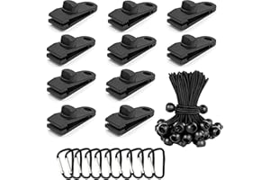 Langaelex Set of 10 Tarp Clips Heavy Duty Lock Grip Tent Clips Clamps with Thumb Screw and Bungee Ball Cords + Carabiner for Fixing Tarps, Awnings, Tarpaulin, Outdoor Camping, Caravan Canopies