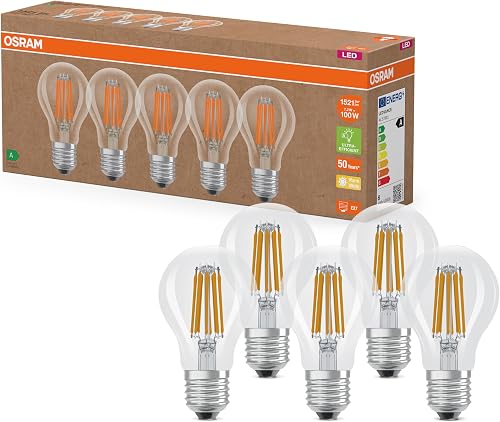 Osram Highly Efficient LED Bulbs with Energy Efficiency Class A, Value Pack of 5 Bulbs, Replaces Conventional 100 W Bulbs, Warm White (2700 K), E27, Filament Glass