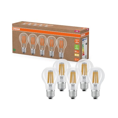 Osram Highly Efficient LED Bulbs with Energy Efficiency Class A, Value Pack of 5 Bulbs, Replaces Conventional 100 W Bulbs, Warm White (2700 K), E27, Filament Glass