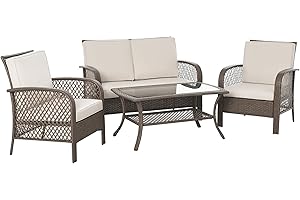 Outsunny Conjunto de 4 Muebles de Jardín de Ratán PE Sillón Sofá Doble y Mesa de Café con Cojines Lavable para Exterior Terraza Patio Marrón y Caqui
