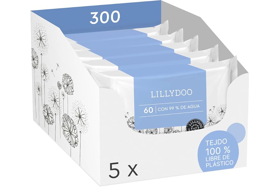 Toallitas húmedas para bebés LILLYDOO con un 99% de agua, 5 paquetes de 60 (300 unidades), 100% libres de plástico sin perfum