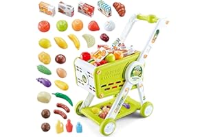 KalaDuck Carrello Spesa Bambini, 31PCS Carrello Spesa Giocattolo con Accessori Alimenti Frutta Verdura , Gioco di Ruolo Cestino della Spesa Giochi del Negozio Supermercato per Ragazzi Ragazze (Verde)