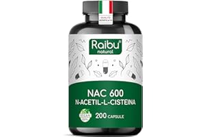 NAC N-Acetil-Cisteina 600mg - 200 capsule - 100% NATURALE - Vegano e senza additivi - Altamente dosato - Qualità Premium - Prodotte da Raibu