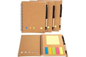 MENGH-SHOP Blocco Spiralato Kraft Carta Copertina Bloc Notes Quaderno a Spirale Spiralato Notebook con Penna, Note Adesive, Colorati Segnapagina Film per Scuola e Ufficio 4 Pezzi