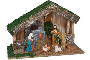 Acan Tradineur - Portal de Belén con 6 Figuras - Fabricado en Madera y Resina - Nacimiento, decoración Tradicional, Adorno, Navidad - 30 x 10 x 20 cm