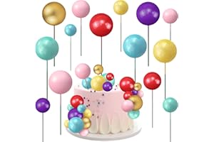 CAKEFLY 34Pcs Mini Balloon Cake Topper 5 Sizes Foam Cake Balls Cupcake Toppers 7 Colors Pink Gold Purple Yellow Red Blue Green Cake Insert Birthday Cake Toppers Round Ball Baking Decor for Wedding Baby Shower