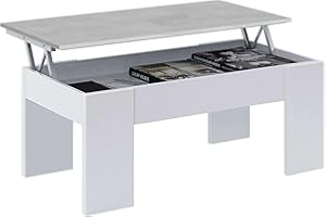 HABITDESIGN Mesa de Centro Elevable, Mesita de Salón o Comedor, Modelo LC, Acabado en Color Blanco Artik y Cemento, Medidas: 100 cm (Ancho) x 50 cm (Fondo) x 45-56 cm (Alto)