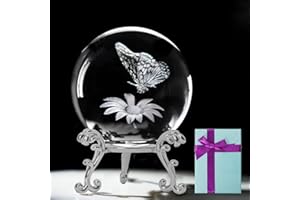 KOMINZZ 3D Crystal Ball Laser Engraved Butterfly Flower Figurine Butterfly Gifts for Women Glass Sphere Paperweights with Stand Crystal Ornaments Glass Ornaments for the Home Office Decor