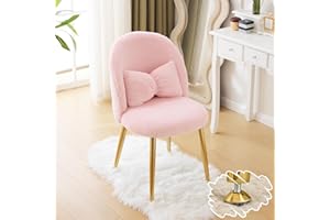 Bonnlo Girls Vanity Chair with Back & Pillow, Cute Small Cozy Desk Chair No Wheels, Comfy Makeup Ch with Ajustable Gold Legs,for Bedroom,Living Room, Small Space, Pink