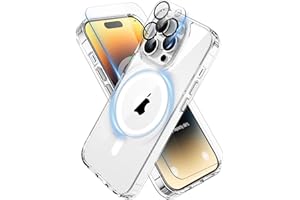 ORETECH Coque pour iPhone 14 Pro avec 2 Verre Trempé et 1 Caméra Protecteur, Dos Anti Rayures Etui Clair Arrière Housse Antichoc Coque Magnétique pour iPhone 14 Pro Case 6.1" Transparent