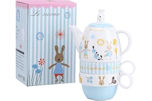 fanquare Juego de Tazas de Té de Conejo de Dibujos Animados, Juego de Té de Cerámica para Una Persona, 1 Tetera con Infusor y 2 Tazas