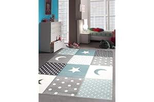 ‎TEPPICH-TRAUM Teppich-Traum Kinderzimmer Teppich Spiel & Baby Teppich Punkte Sterne Mond Design in Blau Türkis Grau Creme Größe 80x150 cm