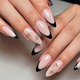 Nakhi 24 Pcs Black French Tip Press On Nails with Star Design | Long Stiletto Artificial Fake Nails | Nude Base with Rhinesto