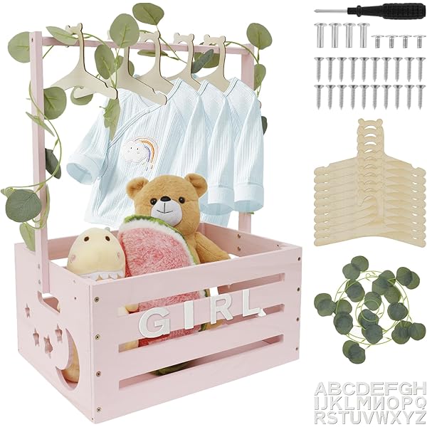 Panier Cadeau Bébé En Bois Avec Poignée – Inclut étiquette Nominative, Guirlande Et 4 Cintres