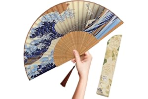 OMyTea Folding Hand Fan for Women - Foldable Chinese Japanese Vintage Bamboo Silk Fan - for Hot Flash, Church, EDM, Music Festival, Party, Dance, Performance, Decoration, Gift (Japanese Sea Waves)