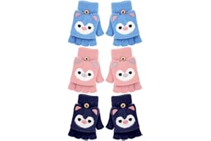 Geyoga 3 Gants sans Doigts Enfant 5-10 Ans Mitaines Convertibles Gants à Rabat Tricotés