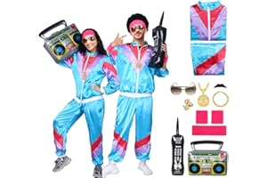 ANSAMY Disfraz de Chándal Años 80, Accesorios Ropa Chándal Años 80 con Teléfono, Radio, Gafas, Diadema, Collar, Anillo y Pulsera para Rockstar, Carnaval, Halloween Temática Fiestas Disfraz de Neón