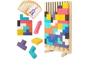 ACOMTUO Gioco Impilabile in Legno Tetris, Giocattoli Educativi, con 10 Carte, Intelligenza Jigsaw, Tetris Puzzle Bambini 3 4 5 6 Anni, Colorato Blocchi Geometrici Tetris, Regalo Educativi