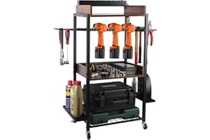 BommJokker power tool Organizer Movable Power Tool storage Drill Holder for 8 Power Drill Tools Tool Shelving with Side Screwdriver Rack and hooks for Garage (No power strip)