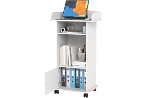 Turosur Portable Lectern＆Podium -Standing Laptop Desk-Wooden Podium Stand with Cabinet -Speaking Reading Table with Castors-Portable Desk with Storage Shelf-Reception Desk for Conferance-White