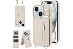 Jcxtrombulous Hülle für iPhone 11 Hülle Stoßfeste Handyhülle mit Verstellbarer Halskette RFID Reißverschluss Geldbörse Etui mit Kartenfach mit Band Ring Ständer Case für Frauen-Beige
