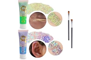 Zelzen Body Glitter Gel, 2 PCS Long-Lasting Powder Paillettes, paillettes sirène visage cheveux ongles, pour mascarade, anniversaire maquillage et DIY Crafts...