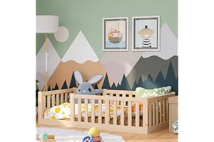 ‎BELLABINO Bellabino Tapi Bett 80x160 cm, Kinderbett mit Rausfallschutz, inklusive Lattenrost, Montessori Bodenbett für Jungen und Mädchen aus Kiefer Massivholz, Natur lackiert, Bed