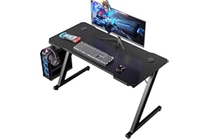 Homall Mesa Gaming 120 x 60 cm, Escritorio Gaming en Forma de Z Ergonómica, Mesa Gamer de Fibra de Carbono, Mesa para Ordenador con Gancho para Auriculares, Negro