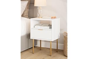 HEYZOEY Nachttisch, Nachtschrank mit 1 offenen Ablagen und 1 Schublade, Modern Nachtkästchen, Boho Nachtkommode für Schlafzimmer, Wohnzimmer, Weiß und Gold