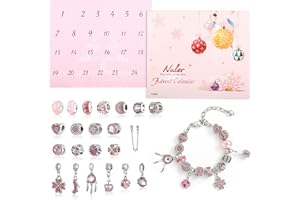 Naler Calendrier de l'Avent Bijoux 2025 Femme Fille Enfant Advent Calendar avec Bracelet Chaîne Perles Alliage DIY Cadeau Noel Ado Fille 6 7 8 9 10 11 12 Ans Rose