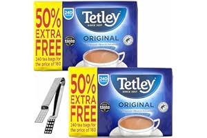 Tetley Thé noir 240 sachets - Tetley Black Tea en sachet 750g - 2 pièces, Bundle avec Pince à sachets de Thé Cleverry en acier inoxydable 1 pièce