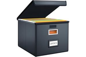 Finew Upgraded Portable File Boxes, Leather File Boxes with Plastic Slide, File Storage Box with Lid for Folder Organiser, Foldable Linen Hanging Document Storage Box (Black)