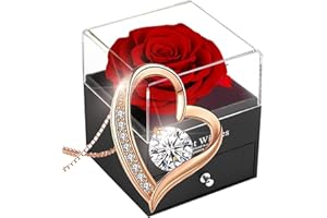 SWEETIME Eternal Rose Gift Box Preserved with Necklace,Forever Red Rose with 925 Sterling Silver Heart Necklace,Mothers Day Gift,Enchanted Real Flower Box for Her on Valentine's Day Anniversary