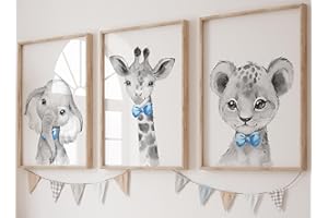 Eviepops Prints Decorazione da Parete Safari Bimbo – Set di 3 Stampe Senza Cornice per Cameretta – Animali (Elefante, Leone, Giraffa) – Toni Blu – A4