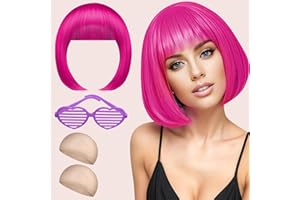 NATURAS BOUQUTIS Parrucca Donna, Parrucche Carnevale Donna, Parrucca Caschetto Rosa con Colorate Occhiale et 2 Cappuccio Parrucca, BOB Wig per Carnevale Costume Cosplay Spettacolo Teatrale