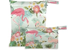 JUMBEAR Summer Flower Flamingo Wet Dry Bags Sets Waterproof Reusable Travel Beach Baby Cloth Diaper Wet Dry Bags Organizer with Two Zippered Pockets for Swimsuit and Gym 2PCS