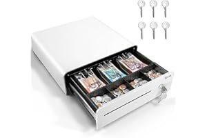 Tera Cash Register Drawer 13 inch: Auto Open with 6 Keys Heavy Duty 3 Bill 4 Coin Removable Cash Tray Media Slot 24V RJ12 Key-Lock Round Corner for POS System Small Businesses Retail 335R White