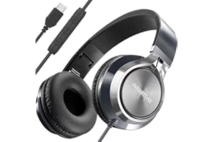 INFURTURE USB C Headphones Wired with Mic Type C Headphones Volume Control, Tangle-Free Plaiting Line, Over Ear Headphone, Foldable Headphones for iPad, Tablet, iPhone 17/16/15 Series(Black)