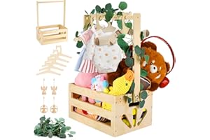 Alitree Cesta Madera Baby Shower, Cesta de Almacenamiento para Bebé, Armario para Baby Shower, con Asa Y 5 Perchas De Madera Armario Bebe Percha para Niños para Cumpleaños, Navidad, Nuevos Padres