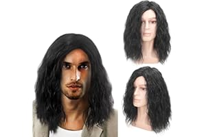TSHAOUN Męska czarna peruka średniej długości kręcone włosy, męska peruka dla dorosłych, 40 cm, Pop Rocking Dude, peruki dla mężczyzn, przystojne peruki cosplay dla mężczyzn w wieku 70. 80