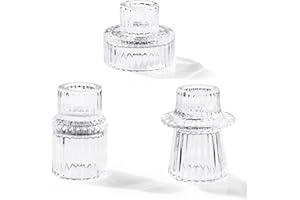 Toptime Candle Holders Set of 3, Glass Candlestick Holders Pinstripe Pattern, Reversible Tealight & Taper Candle Holders, Transparent Crystal Tea Light Candle Holders for Wedding Dinner Party Festival